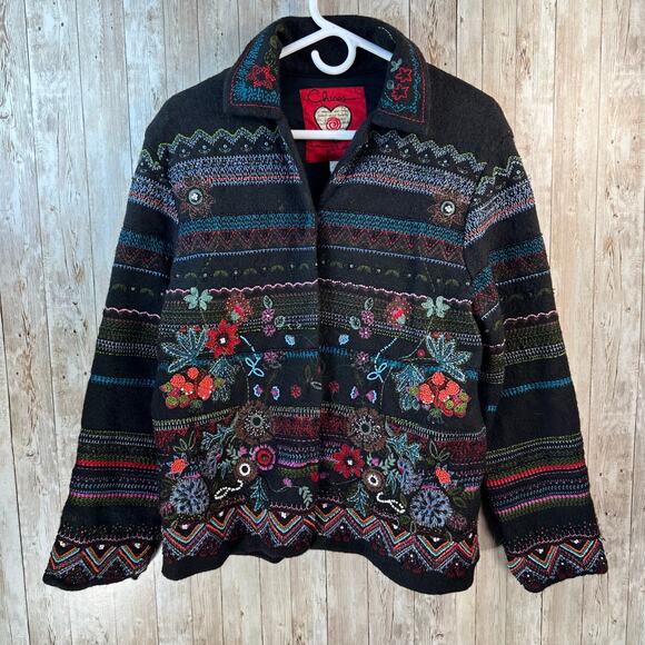 Chico's‎ Anniversary Collection Floral Jacket Womens Sz 1 Black Wool Beaded - Picture 1 of 8